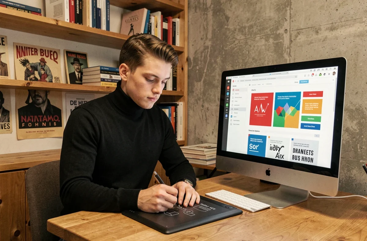 Designer UI créatif de TeneX Studio travaillant sur des maquettes de sites web innovantes dans un studio créatif à Nantes