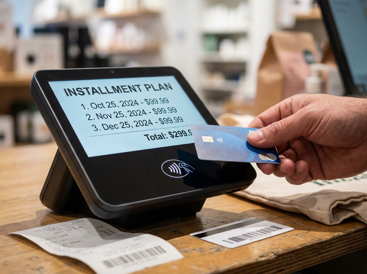 Gros plan sur un terminal de paiement affichant un plan en plusieurs fois avec une carte bancaire