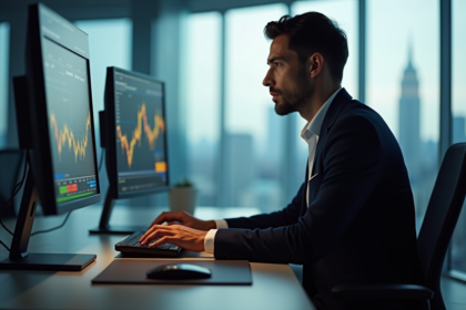Trader homme concentré dans un bureau moderne avec écrans financiers