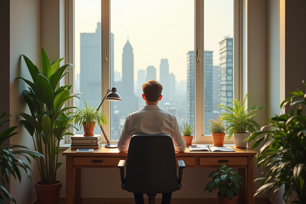 Entrepreneur seul dans un bureau lumineux avec vue urbaine