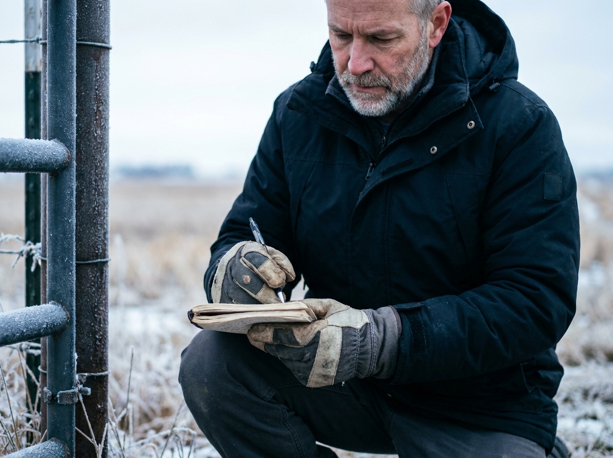 Homme âgé prenant des notes avec des gants de travail isolants dans un champ en hiver