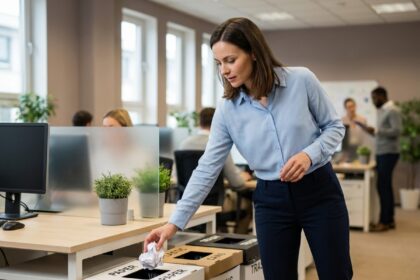 Employée triant ses déchets dans des poubelles de recyclage étiquetées en open space moderne