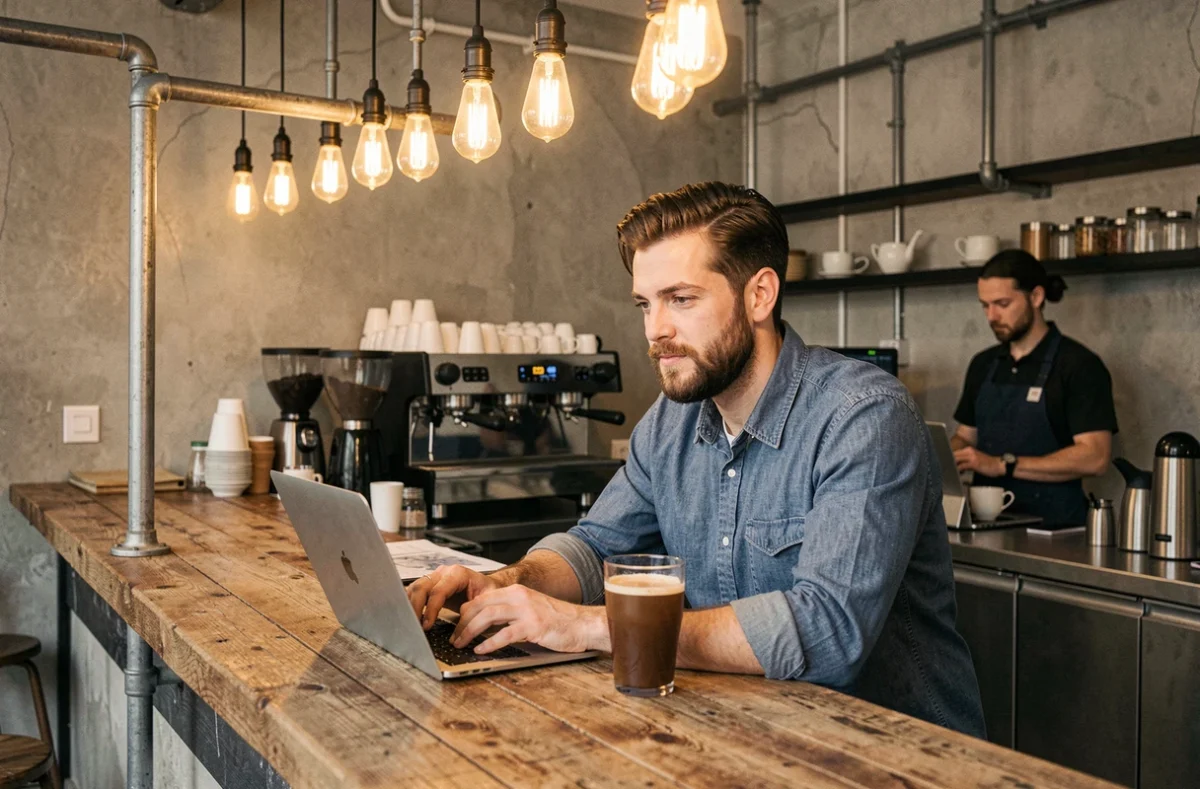 L'Usine Café Coworking à Rouen, espace de travail industriel avec un professionnel au bar et un barista en arrière-plan