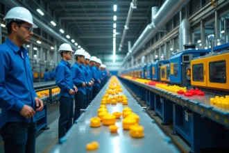 Vue panoramique de l'intérieur d'une usine de fabrication de jouets Playmobil avec chaîne de production industrielle