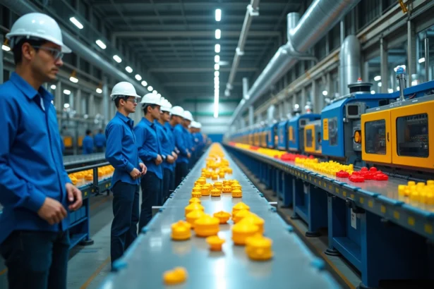 Vue panoramique de l'intérieur d'une usine de fabrication de jouets Playmobil avec chaîne de production industrielle