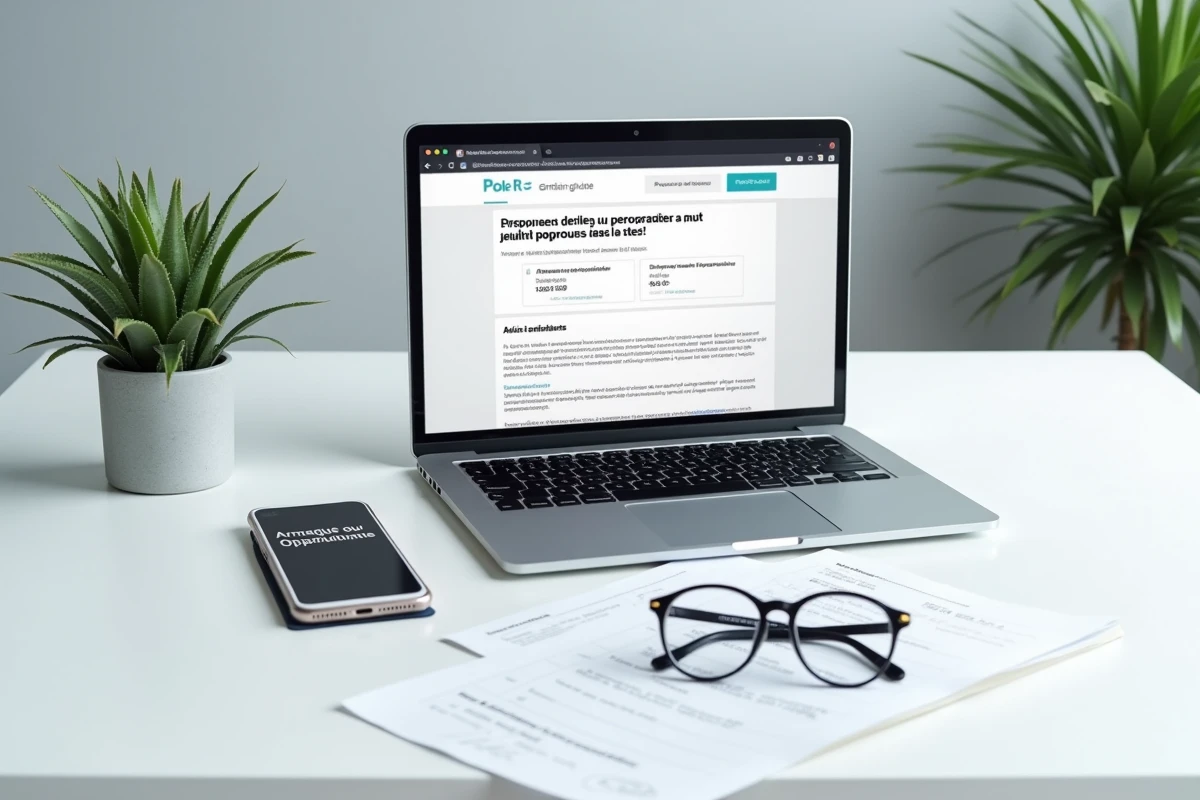 Bureau avec ordinateur affichant une annonce Pôle emploi pour travail emballage à domicile et checklist pour détecter les arnaques