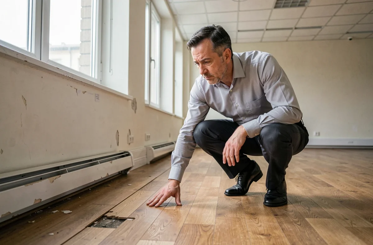 Homme vérifiant l'état du parquet lors d'une visite de bureau à louer à Clichy