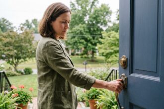 Femme vérifiant le verrou de sa porte d'entrée avant de partir en vacances