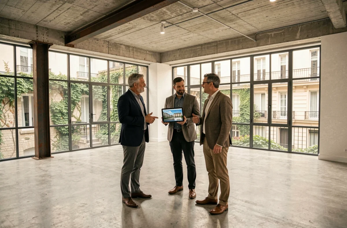 Trois professionnels visitant un bureau loft à louer à Paris avec plafonds en béton brut et fenêtres industrielles