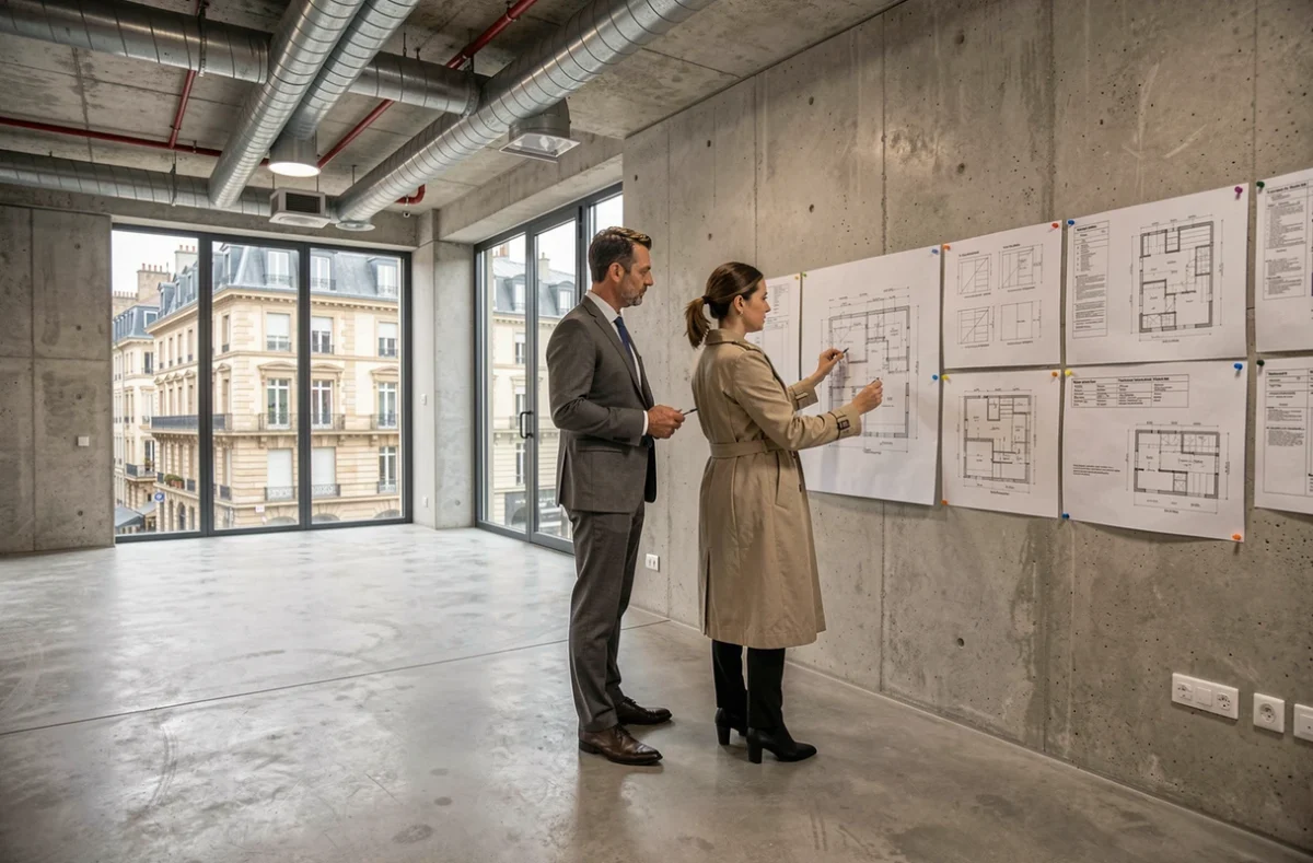Deux professionnels visitant un bureau vide à louer à Dijon et examinant des plans architecturaux