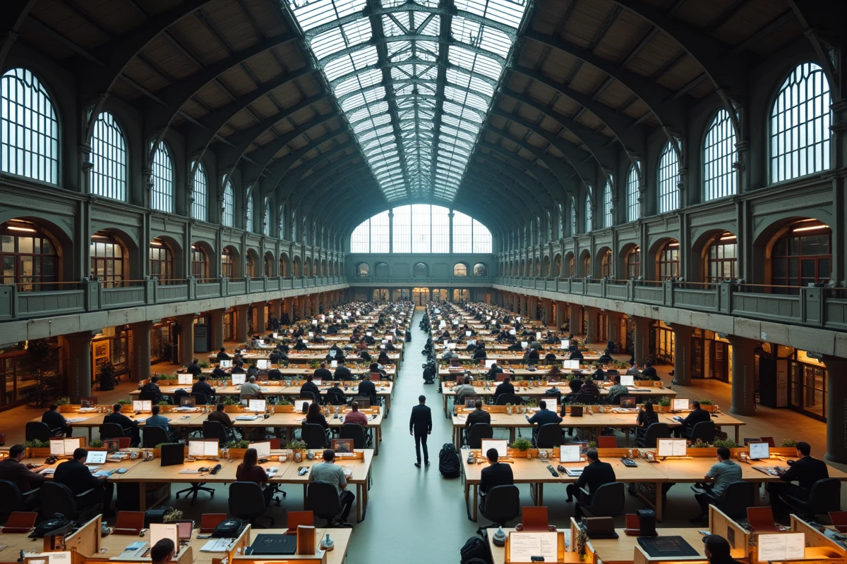 Vue panoramique de l'immense espace de coworking de Station F à Paris, ancienne halle ferroviaire reconvertie en campus de startups avec des centaines de postes de travail