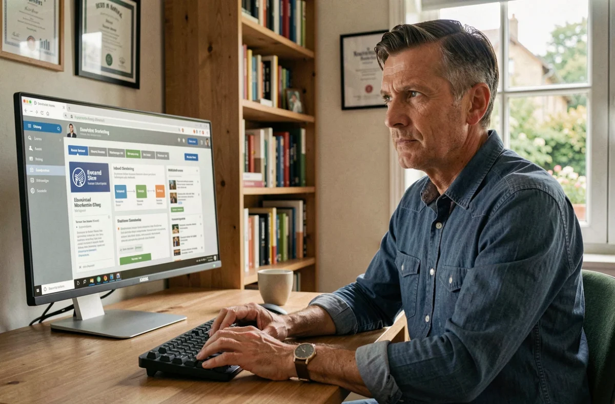 Consultant de Webmarketing Conseil analysant une stratégie SEO et inbound marketing depuis un bureau à domicile professionnel