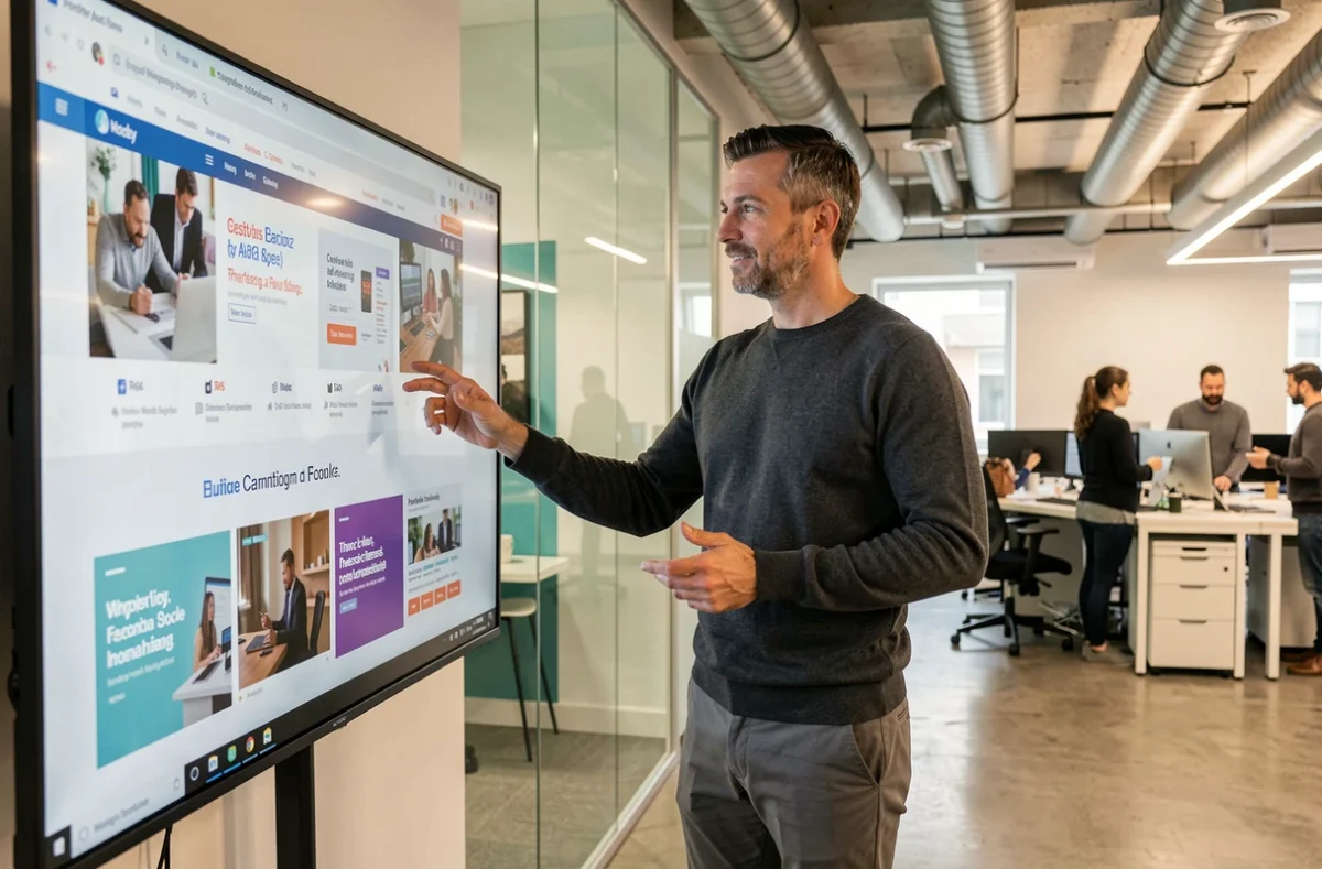 Consultant de l'agence Wedig présentant une stratégie de marketing digital sur un écran interactif dans un espace de travail collaboratif