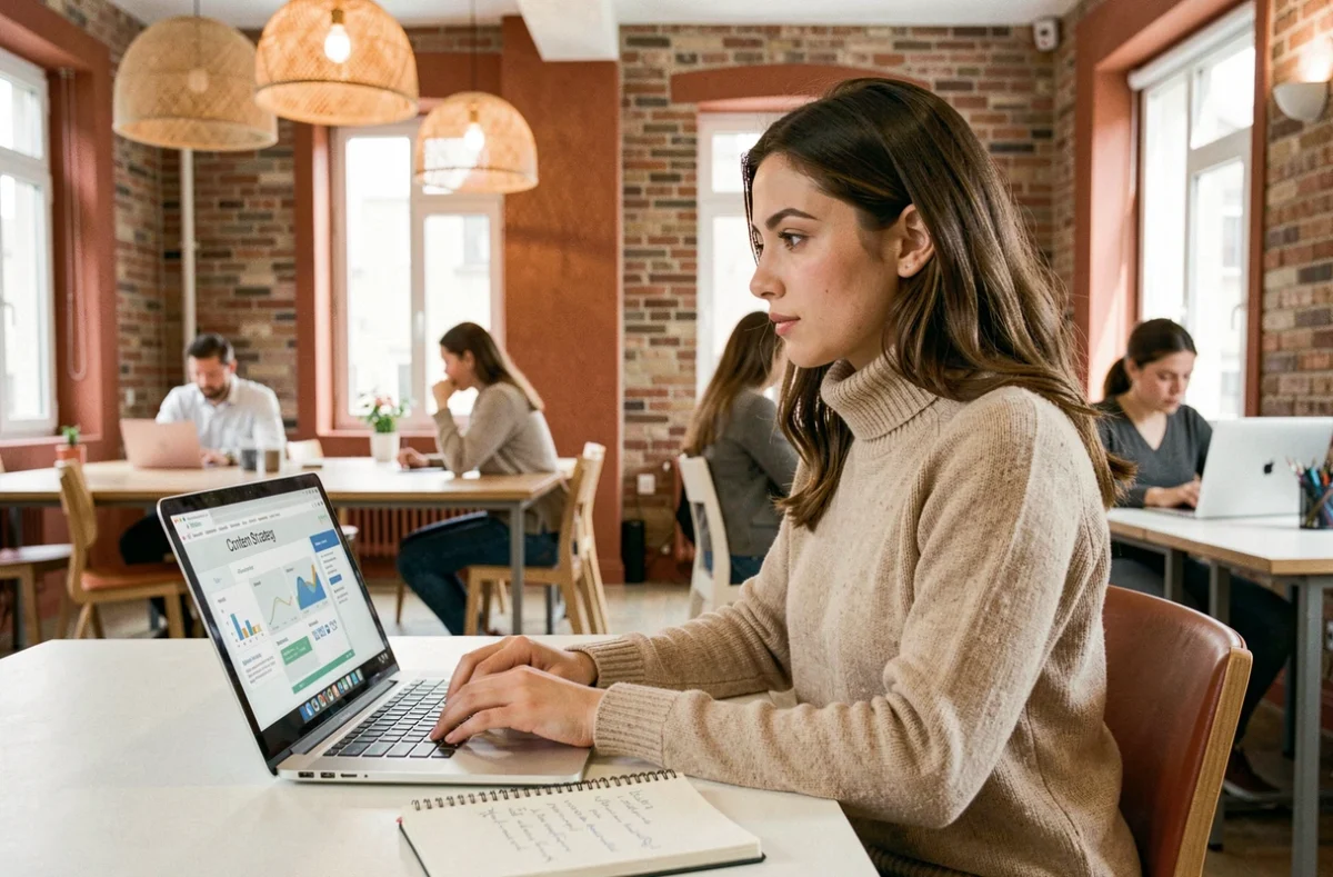 Professionnelle de Welko travaillant sur une stratégie de contenu et d'identité de marque dans un espace de co-working créatif