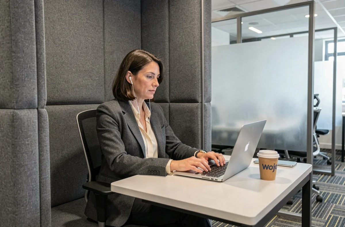 Wojo Corner au Havre, espace de coworking premium avec une professionnelle installée dans un pod de travail isolé